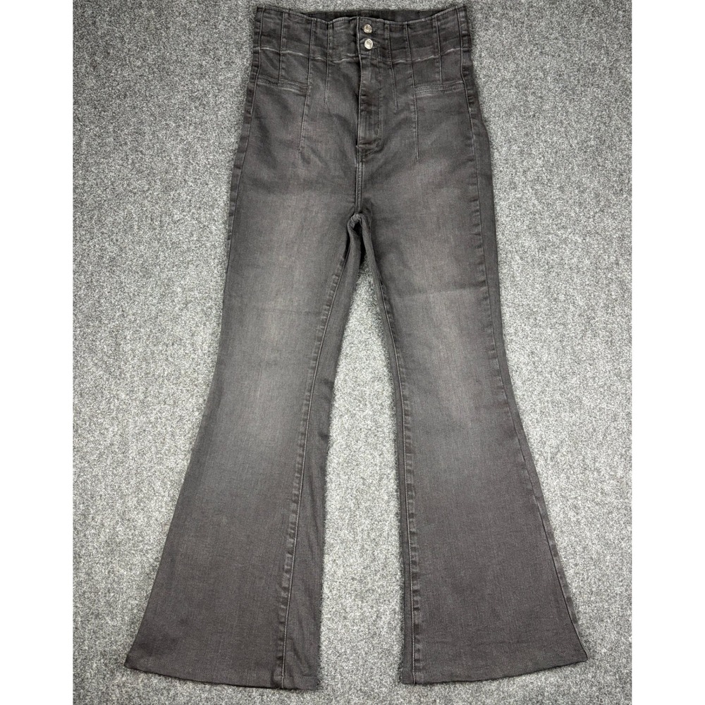We The Free People High Waisted Flare Jeans Faded Black Wide Leg Size 32